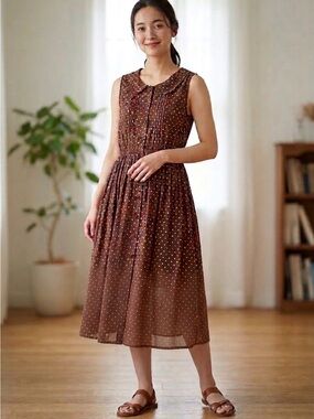 NWT Angie Women's Polka Dot lined brown pink midi dress sz S